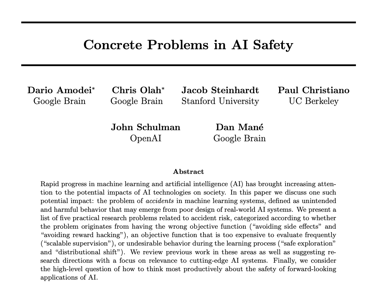 Concrete Problems in AI Safety