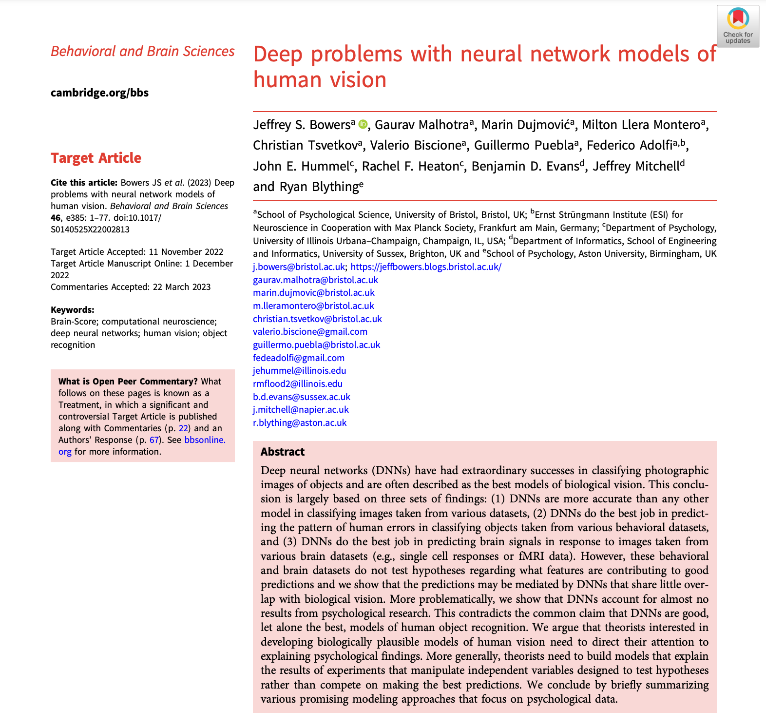 Deep problems in neural networks of human vision