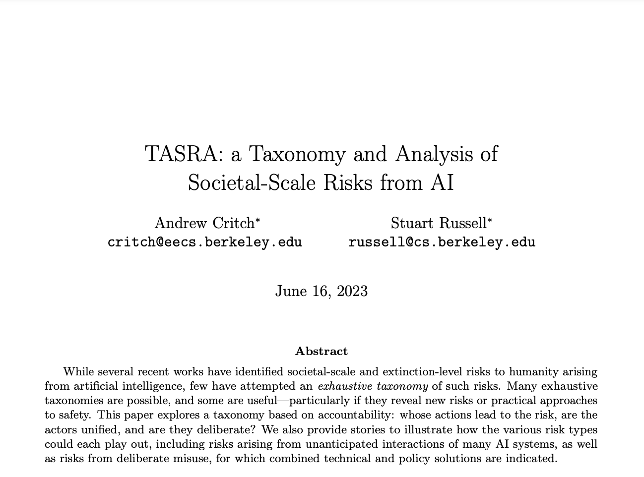 Taxonomy for Society-Scale Risk of AI.