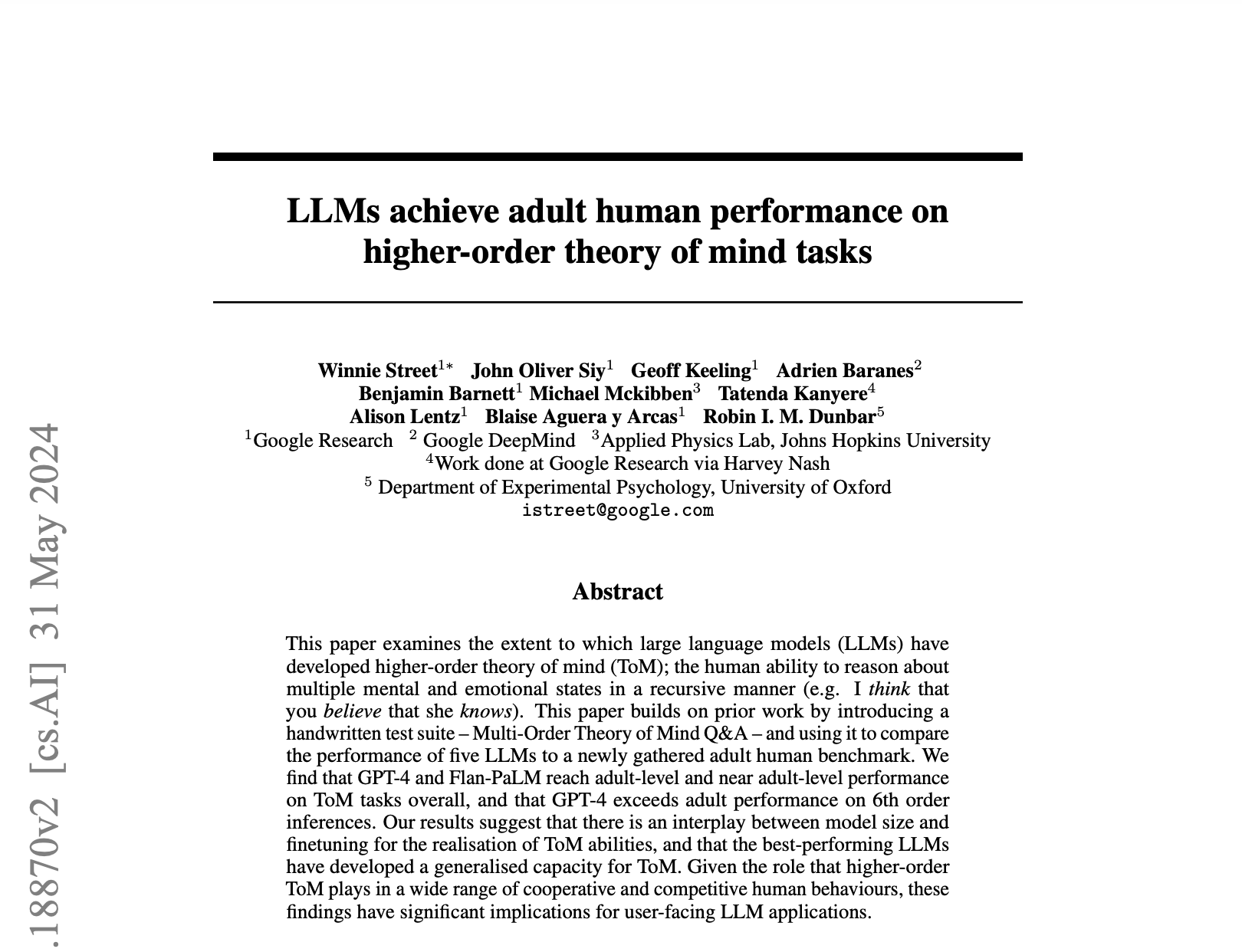 Language Models achieve adult human performance on higher order Theory of Mind tasks.